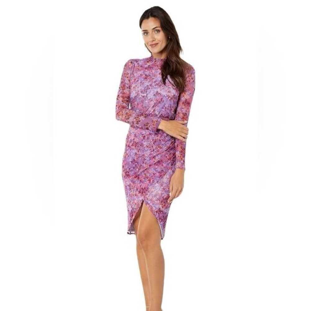 Laundry by Shelli Segal Purple Floral Long Sleeve Mesh Faux Wrap Midi Dress Sz 8